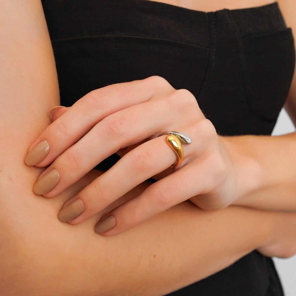 Adjustable Drop Ring with Mixed Gold and Silver Finishes