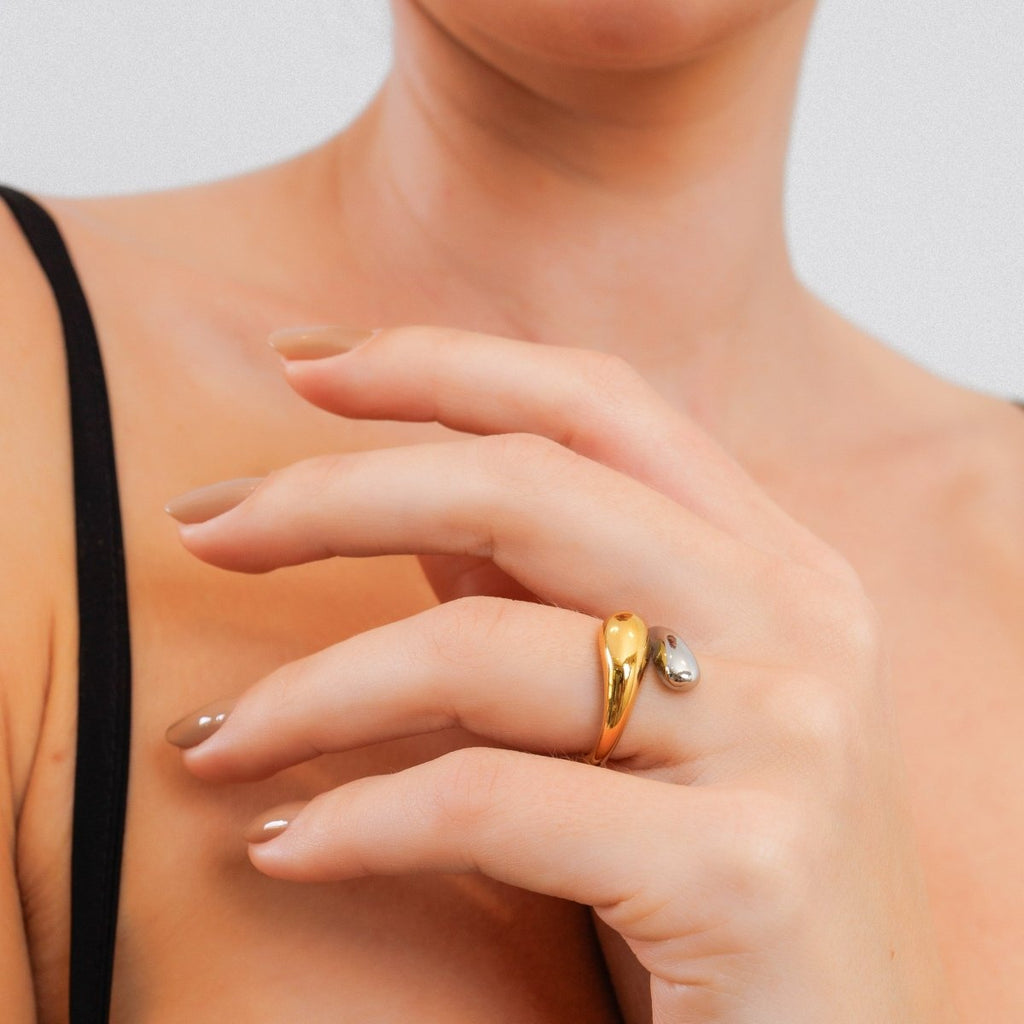 Adjustable Drop Ring with Mixed Gold and Silver Finishes