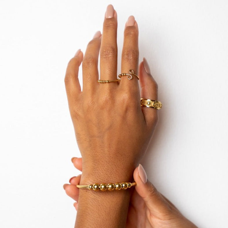 Adjustable Anti-Stress Bracelet with Beads, 18K Gold Plated