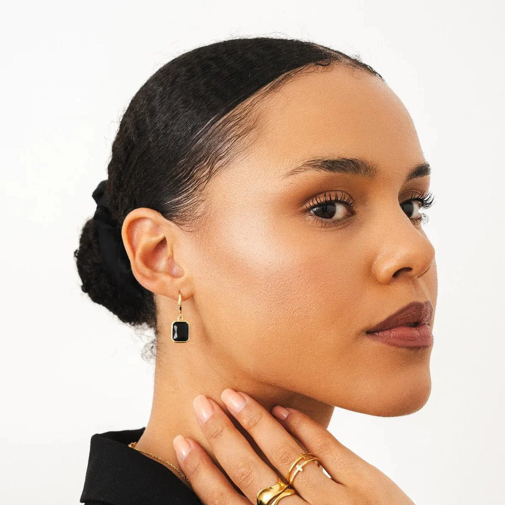 Black Crystal Hoop Earring Plated in 18k Gold