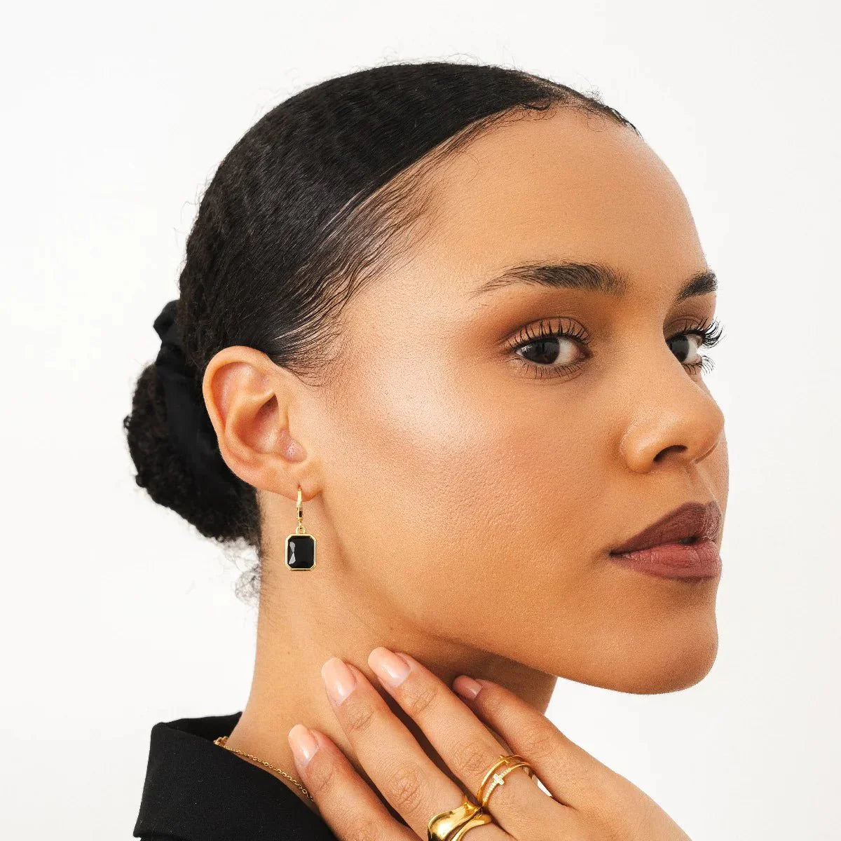 Black Crystal Hoop Earring Plated in 18k Gold