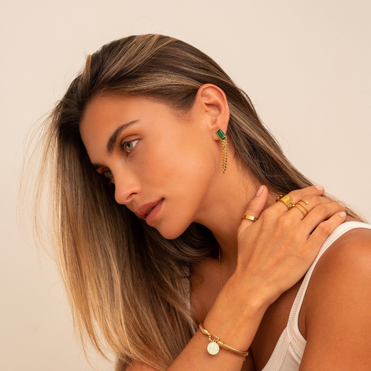 Elisabeth Chain Earring with Emerald Zirconia, 18K Gold Plated