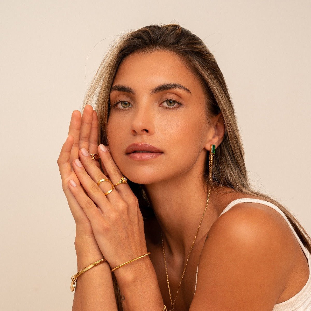 Elisabeth Chain Earring with Emerald Zirconia, 18K Gold Plated