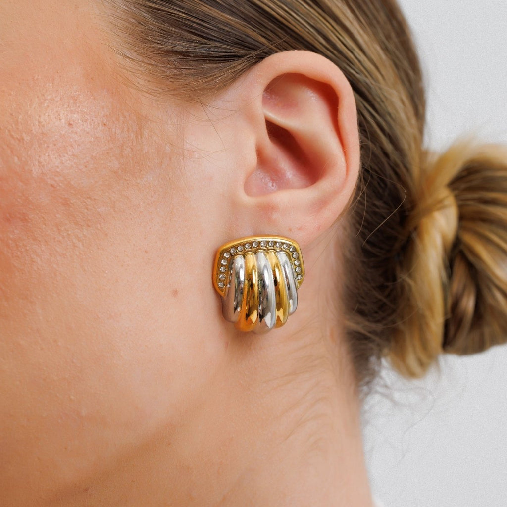 Crystal Dome Earring with Gold and Silver Mix