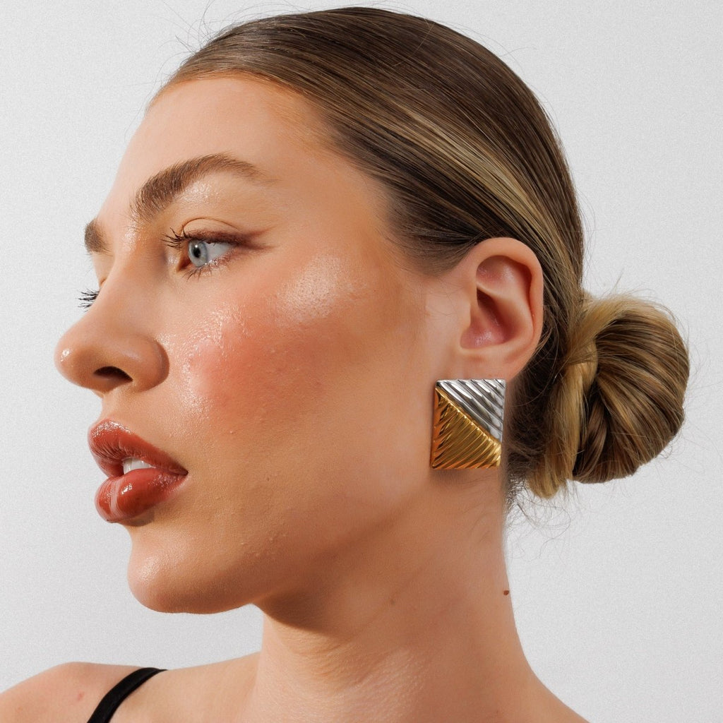 Dual Square Earring with Mixed Gold and Silver Finishes