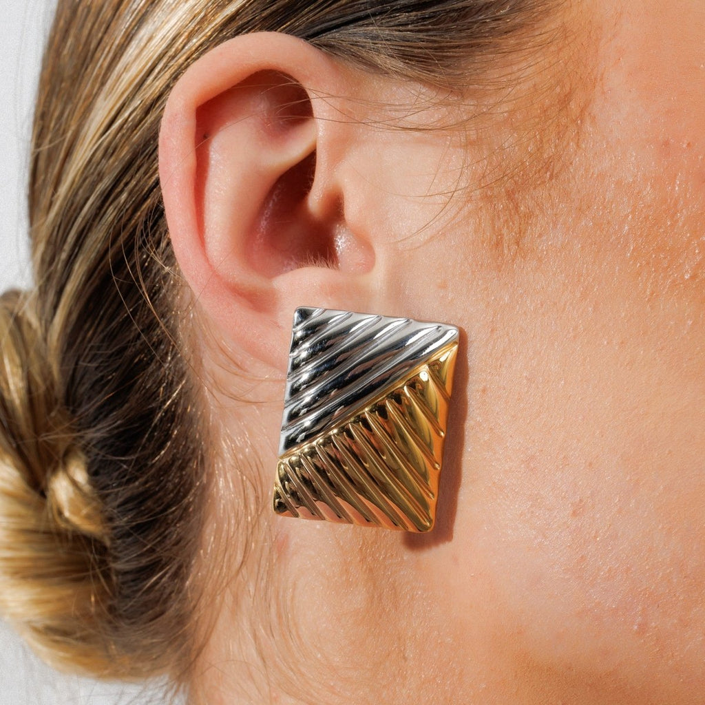 Dual Square Earring with Mixed Gold and Silver Finishes
