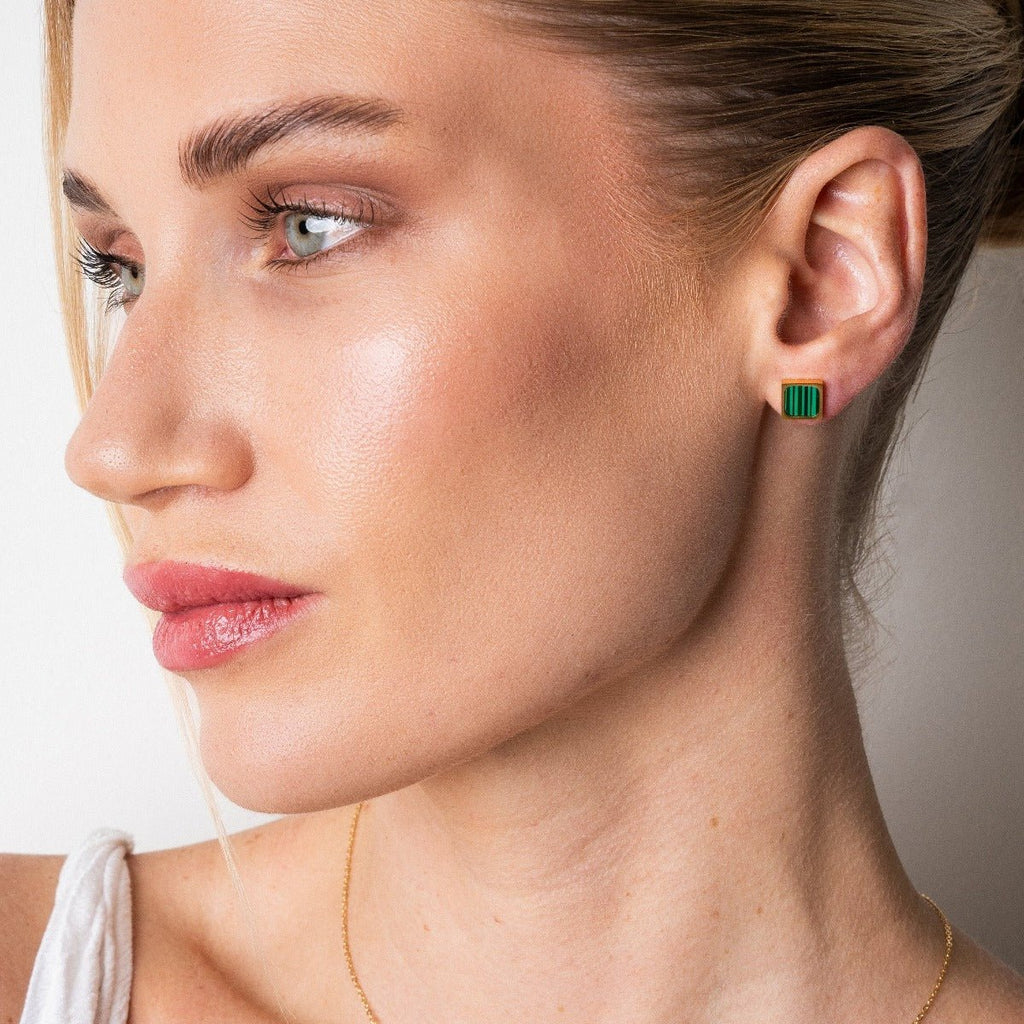 Geometric Earring Green Stone 18k Gold Plated