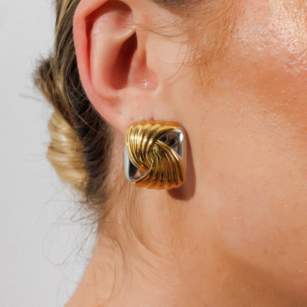 Spiral Square Earring with Gold and Silver Mix