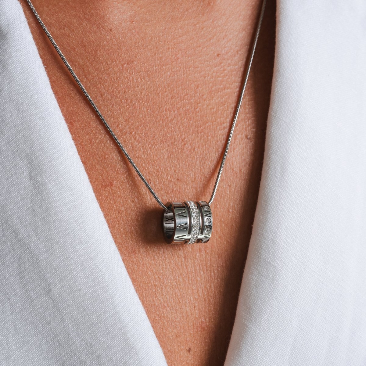 Triple Ring Roman Numeral Necklace - Silver