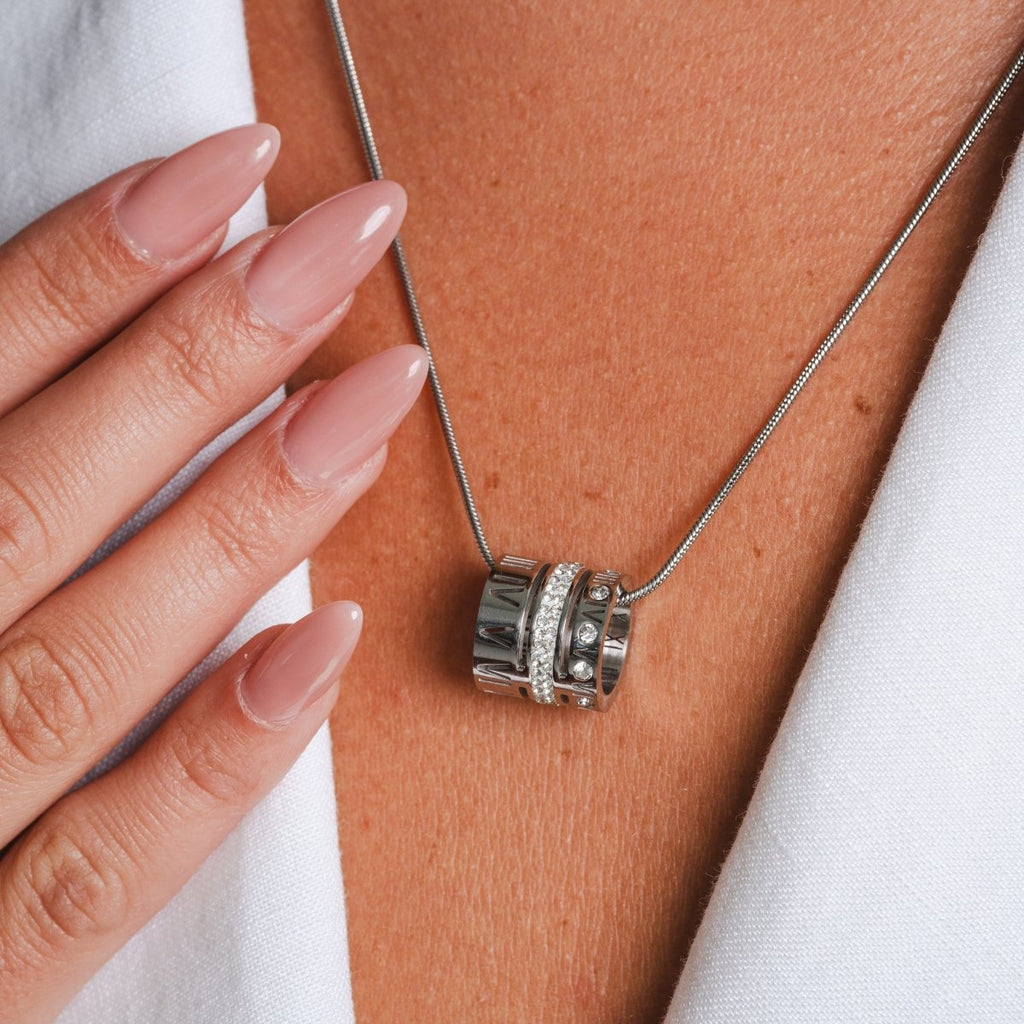 Triple Ring Roman Numeral Necklace - Silver