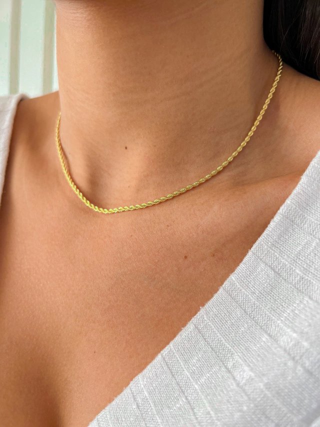 Thin 2mm Bahian Chain Necklace Plated in 18k Gold