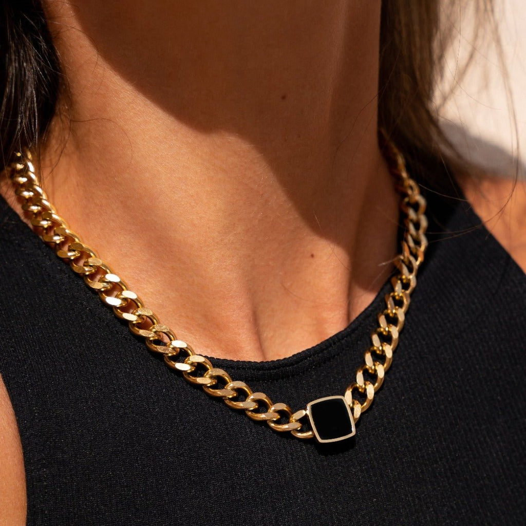 Square Onyx Stone Chain Necklace Plated in 18K Gold