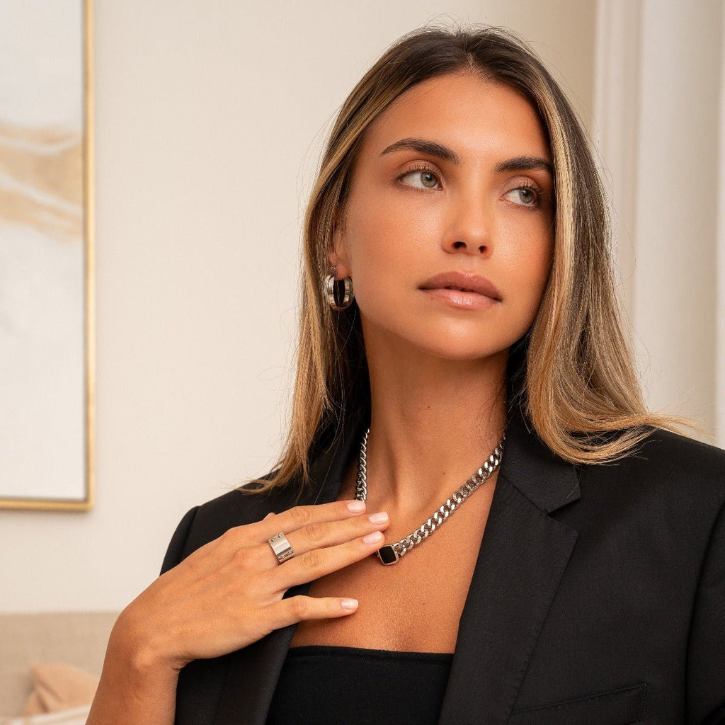 Square Onyx Stone Chain Necklace - Silver