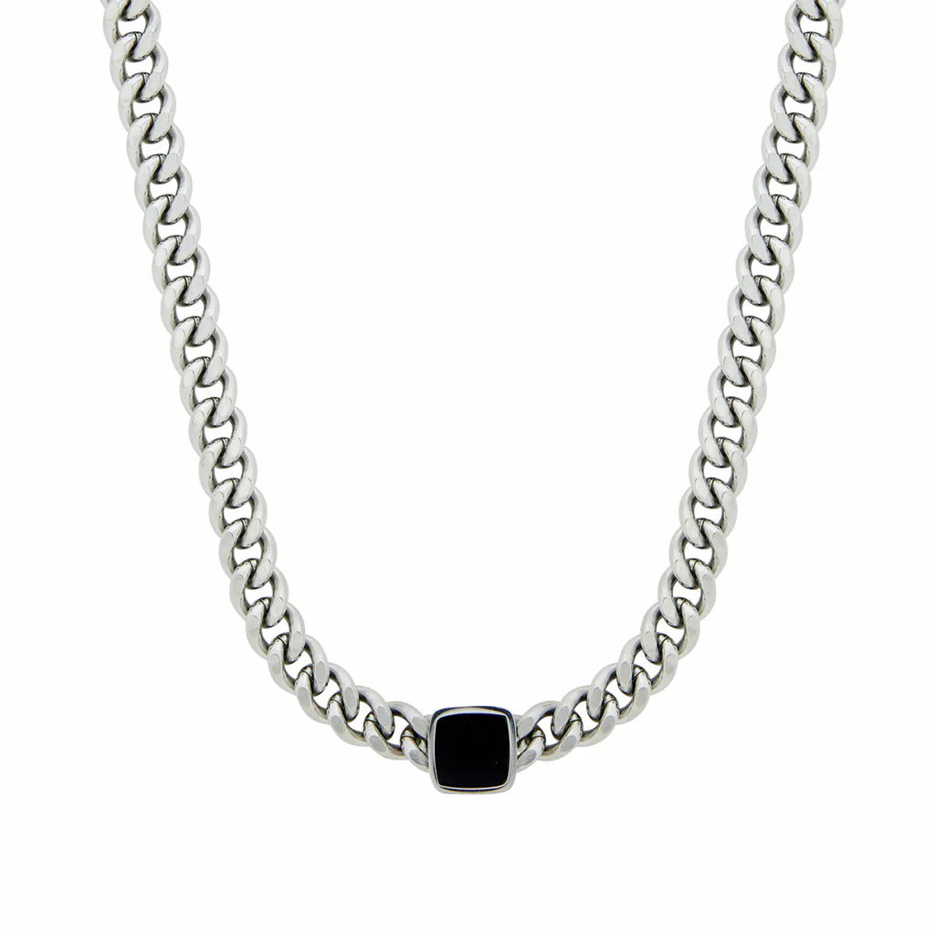 Square Onyx Stone Chain Necklace - Silver