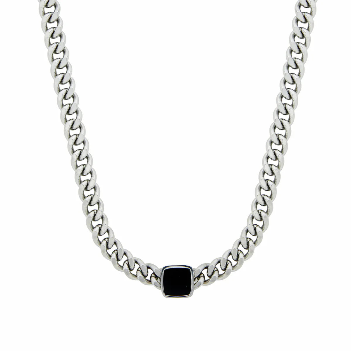 Square Onyx Stone Chain Necklace - Silver