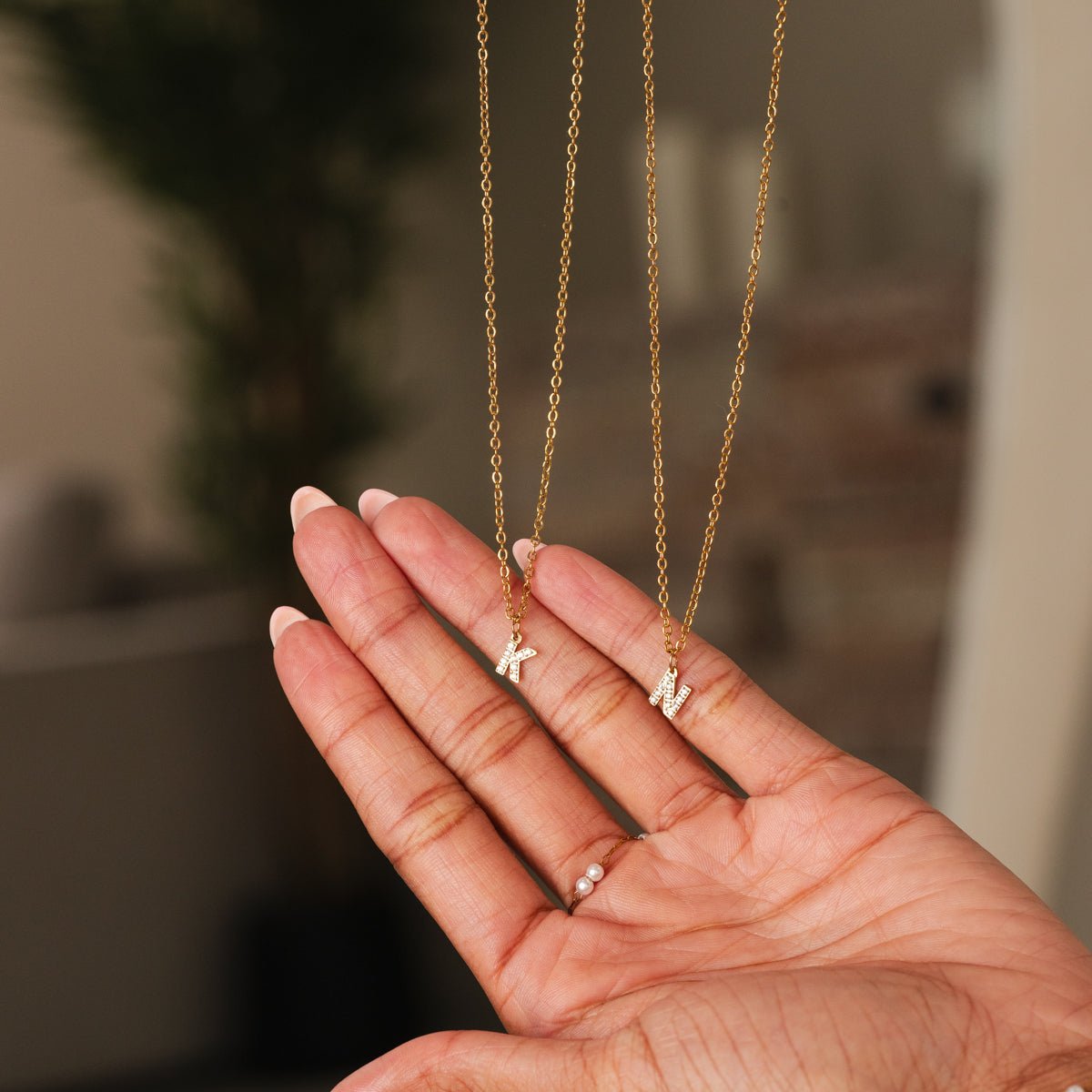 Initial Letter Stone Necklace Plated in 18K Gold