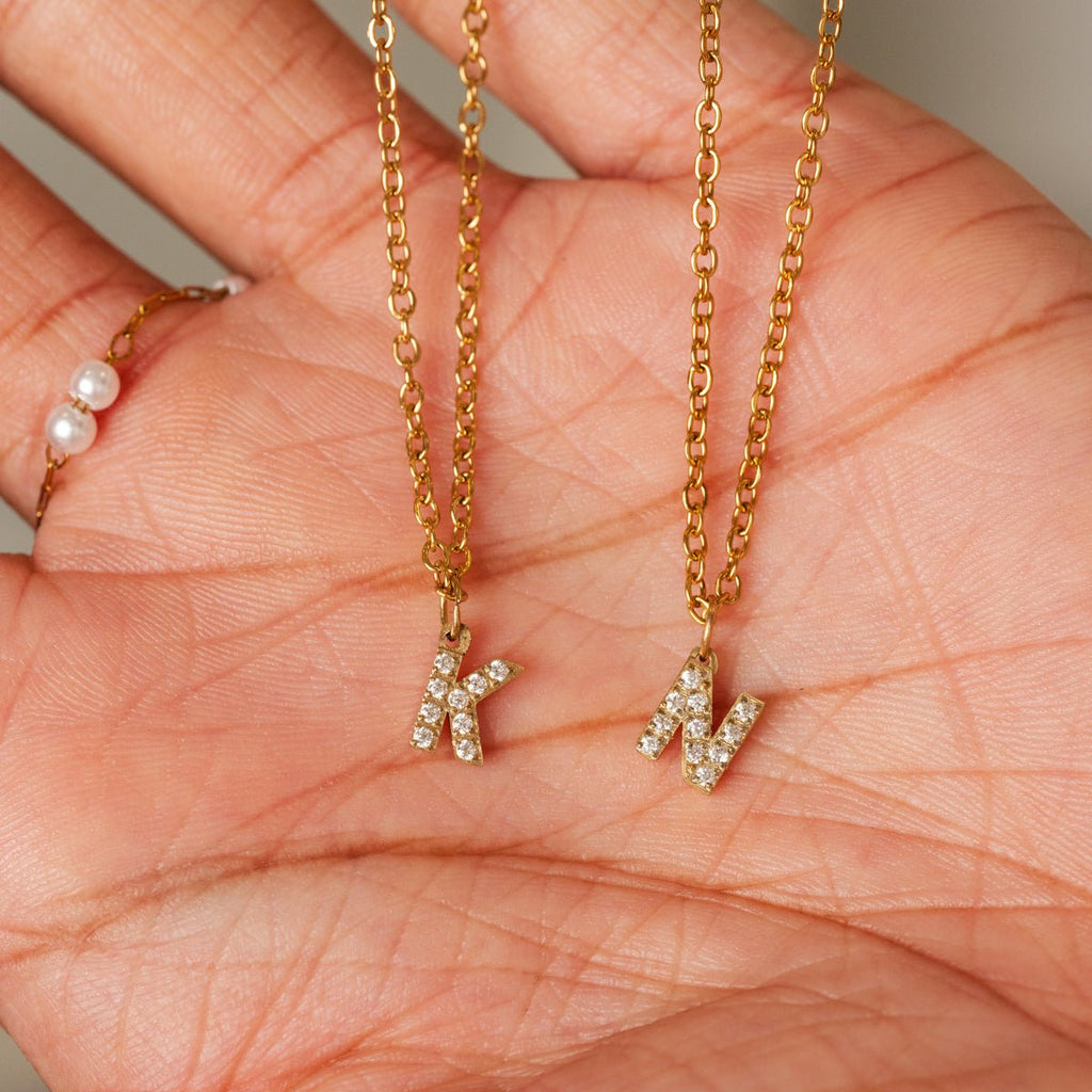 Initial Letter Stone Necklace Plated in 18K Gold