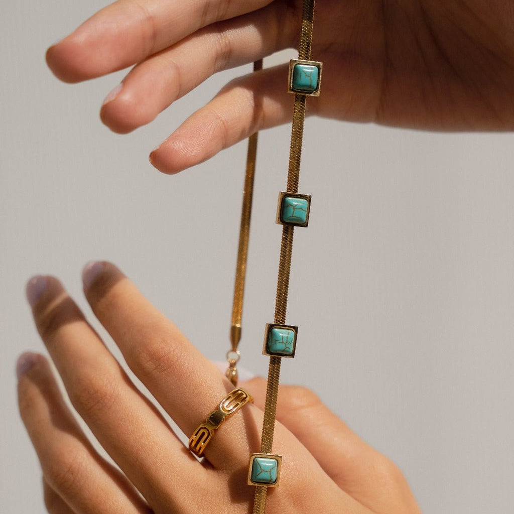 Aqua Stone Mesh Necklace Gold Plated in 18K