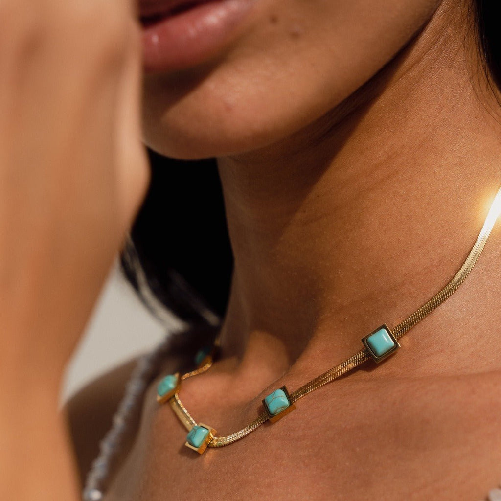 Aqua Stone Mesh Necklace Gold Plated in 18K