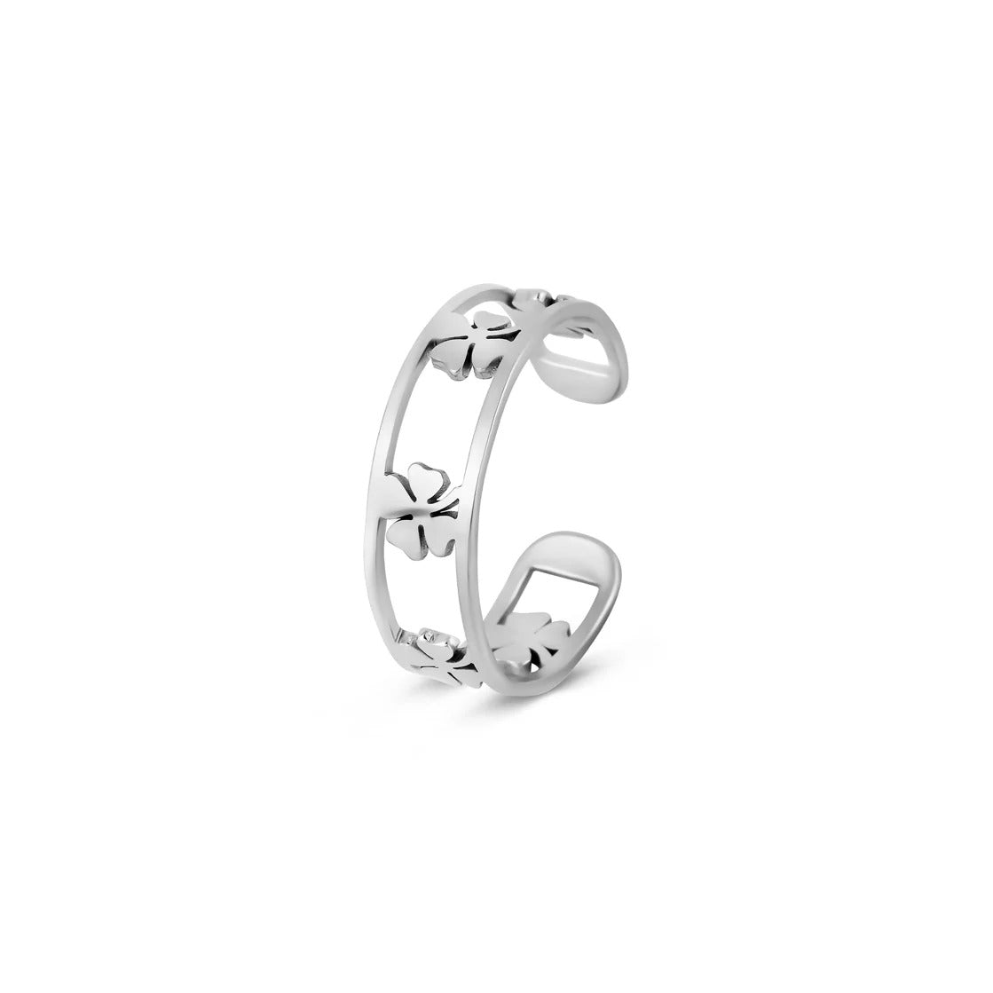 Adjustable Hollow Clover Ring - Silver