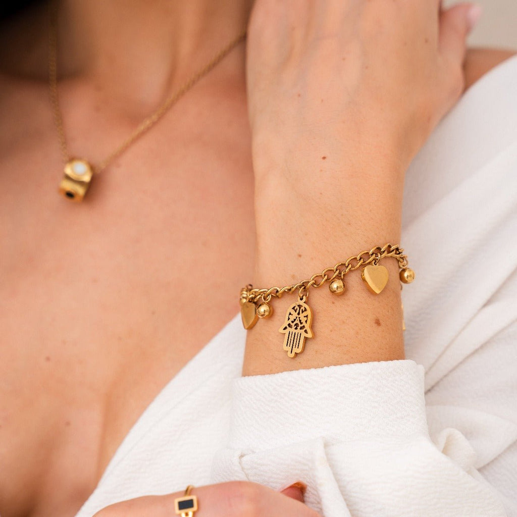 Heart and Hamsa Charm Bracelet Plated in 18K Gold