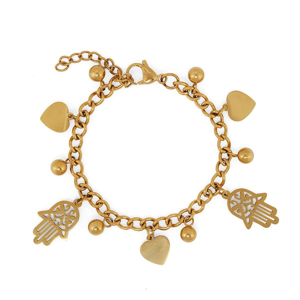 Heart and Hamsa Charm Bracelet Plated in 18K Gold