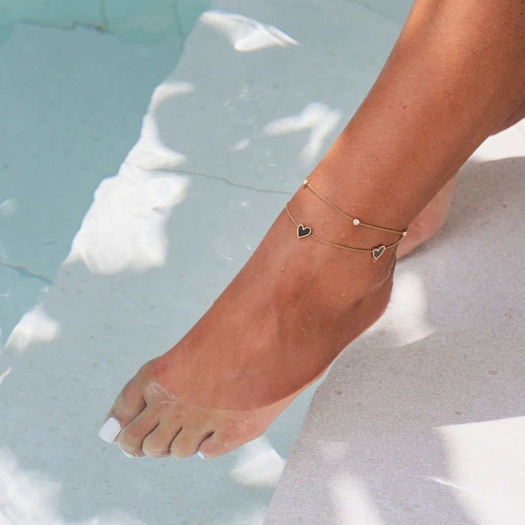 Double Heart Ankle Bracelet with Stone Plated in 18K Gold