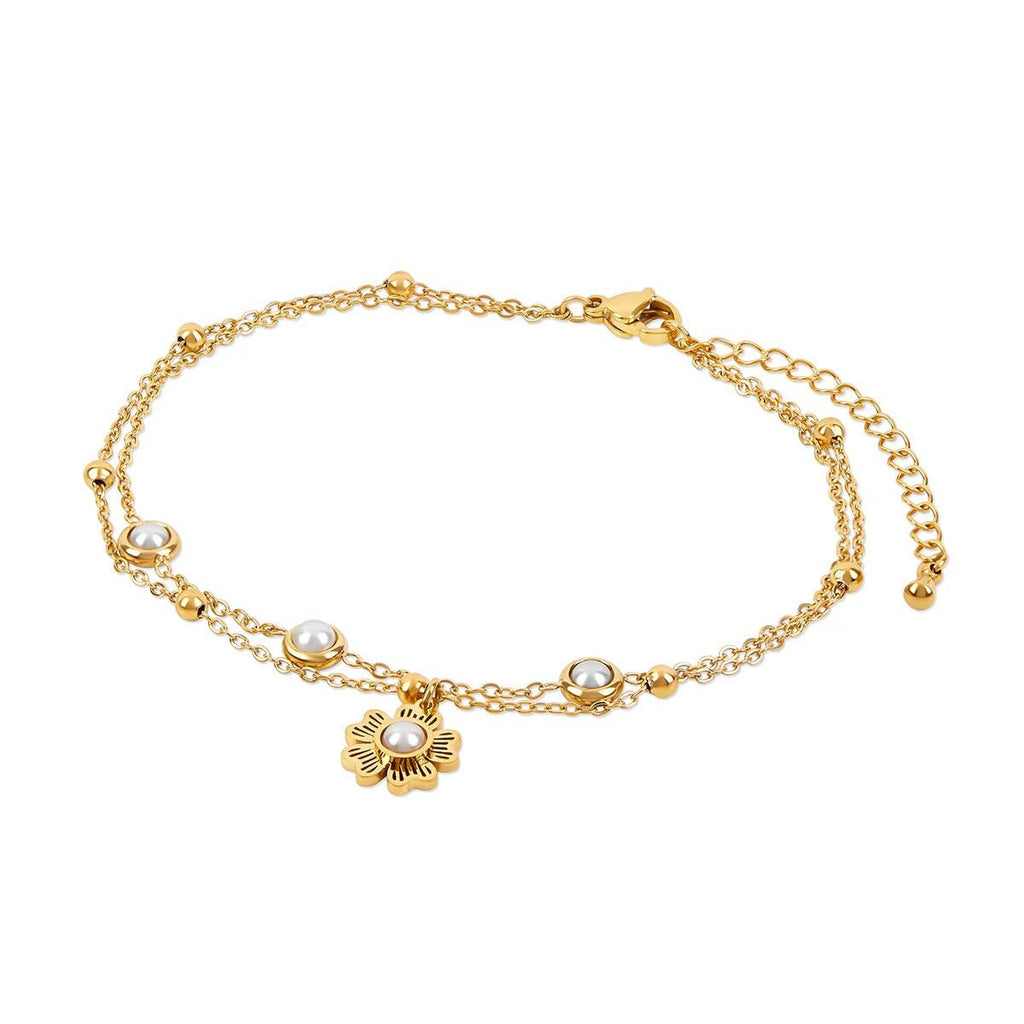 Double Pearl Floral Ankle Bracelet Plated in 18K Gold